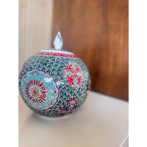 Handmade Turkish ceramic lidded jar, Ionic style pottery, floral jar with lid